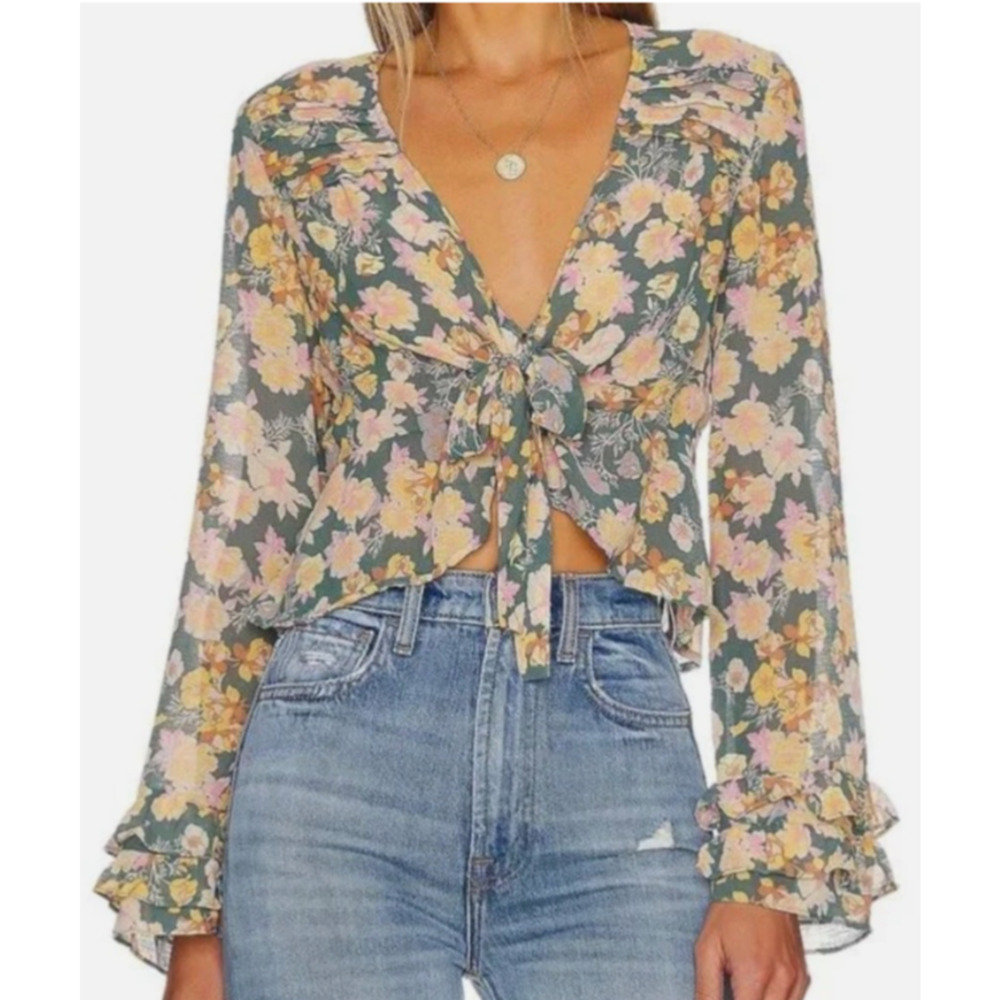 NEW FREE PEOPLE S Maybel Floral Print Ruffle Blouse Happy Combo Oversized C9